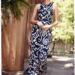 Anthropologie Navy and White Ikat-Print Sleeveless Maxi Dress